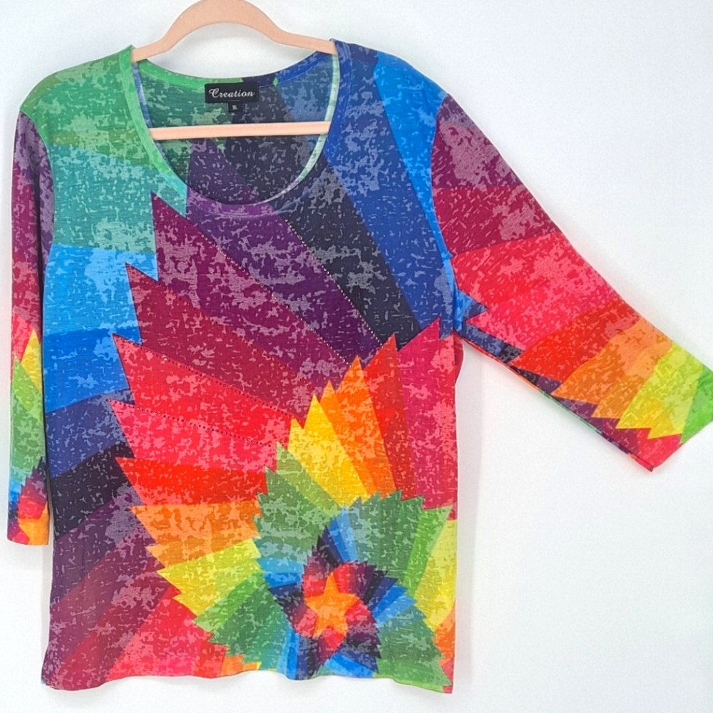 🩵 2/$25 🩵 Creation Rainbow Jeweled 3/4 Sleeve Tee XL
